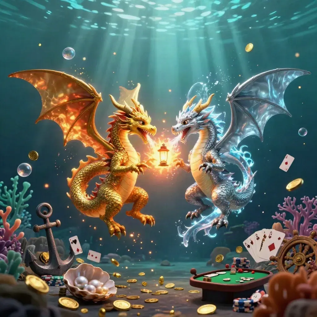 Gold and silver dragons spiral in a treasure cove with poker props and glowing ocean light.