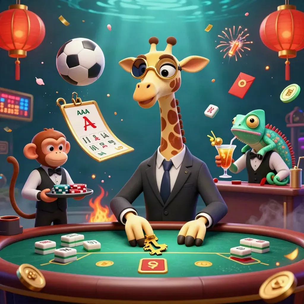 Giraffe poker trio amid flying sports balls, chips, lanterns and gold casino lights.