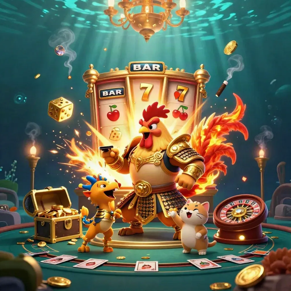 Rooster warrior, dragon hatchling, and fortune cat amid casino magic and glowing gold.