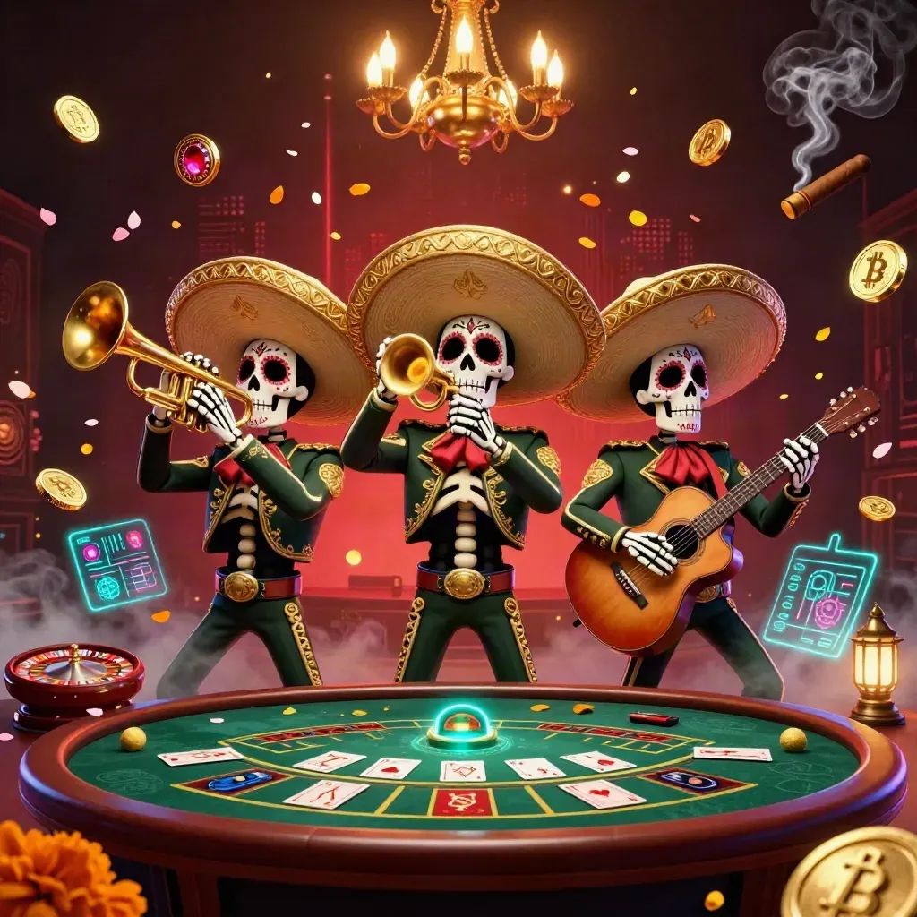 Skeleton mariachi trio in a neon casino with crypto symbols, roulette wheel, and smoky chandelier glow