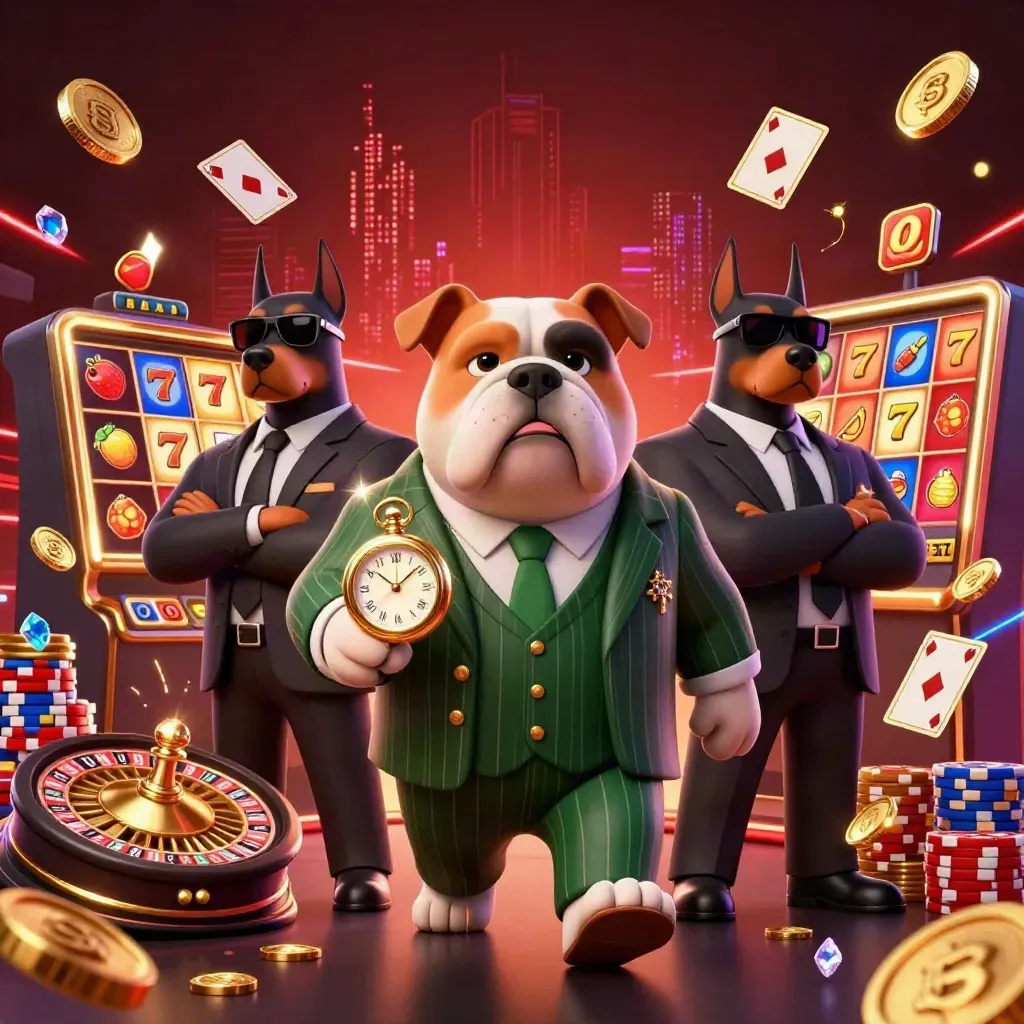 Bulldog boss with Doberman guards amid flying coins, chips, cards and a spinning roulette wheel.