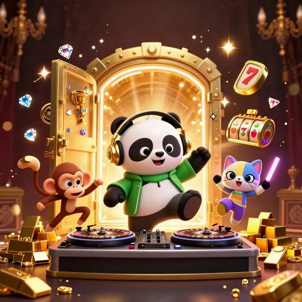 DJ panda, monkey, and glow-cat explode from a gold vault with casino treasure.