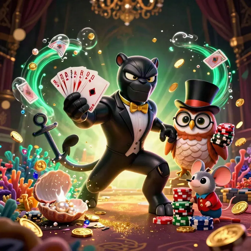 Black panther, owl, and mouse in tuxedo amid gold coins, coral, and treasure cove glow.