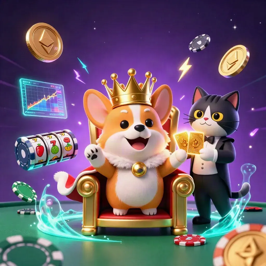 Royal corgi and cat butler amid neon crypto effects, chips, reels, and a starry purple glow.