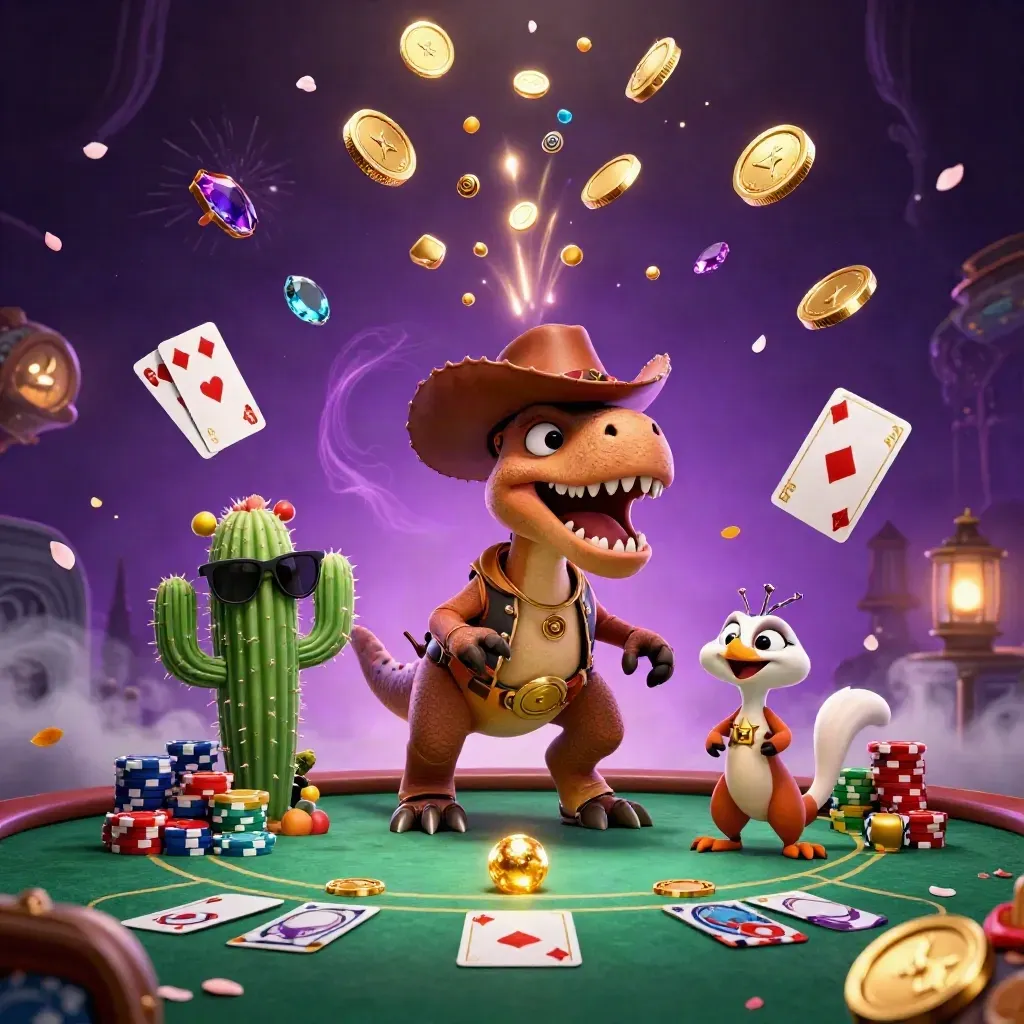 Cowboy T-Rex, cactus sidekick, and roadrunner amid coins, chips, cards, and fireworks.