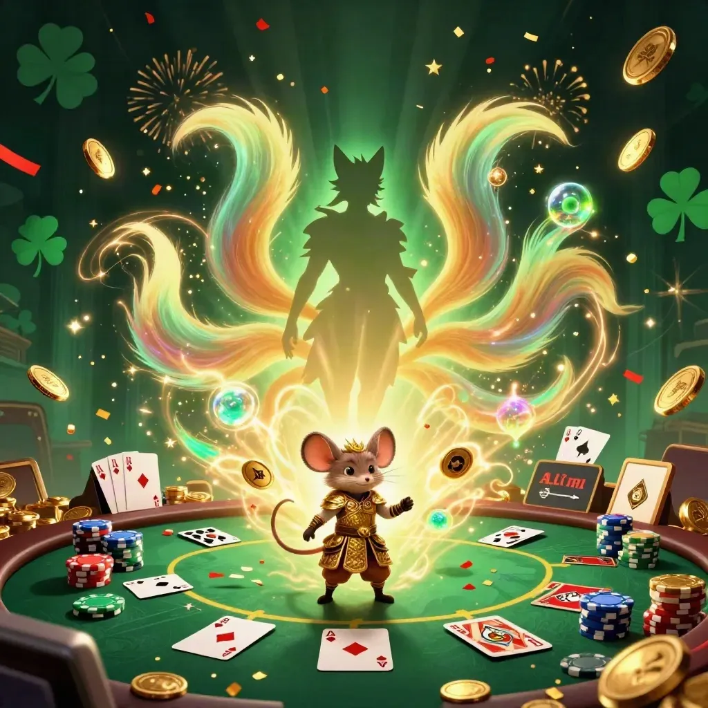 Fox spirit and armored mouse amid poker chips, aces, coins, fireworks, and treasure vault energy.