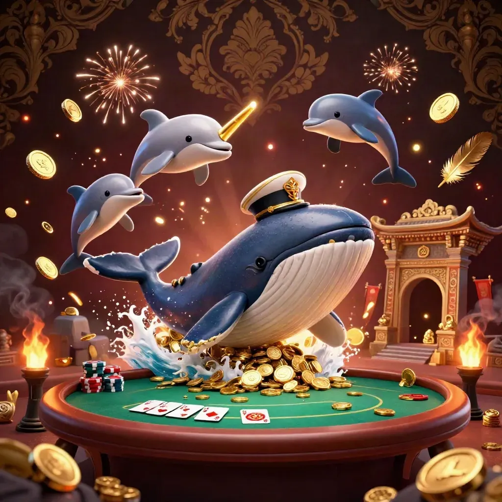 Whale captain, narwhal, and dolphins burst through coins beside poker gear and a temple gate.