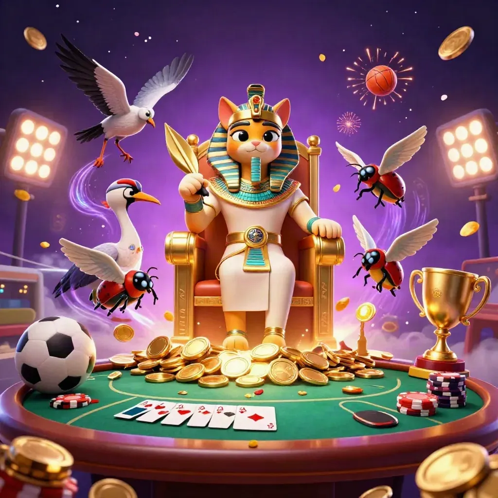 Pharaoh cat, ibis scribe and scarabs burst from a gold vault amid poker chips, coins and casino lights.