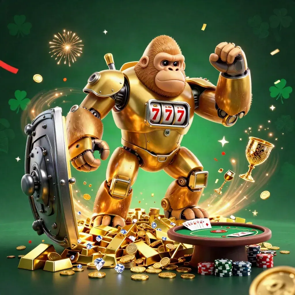 Golden gorilla mech with tiny monkey pilot bursts from a vault amid poker chips, coins and fireworks.