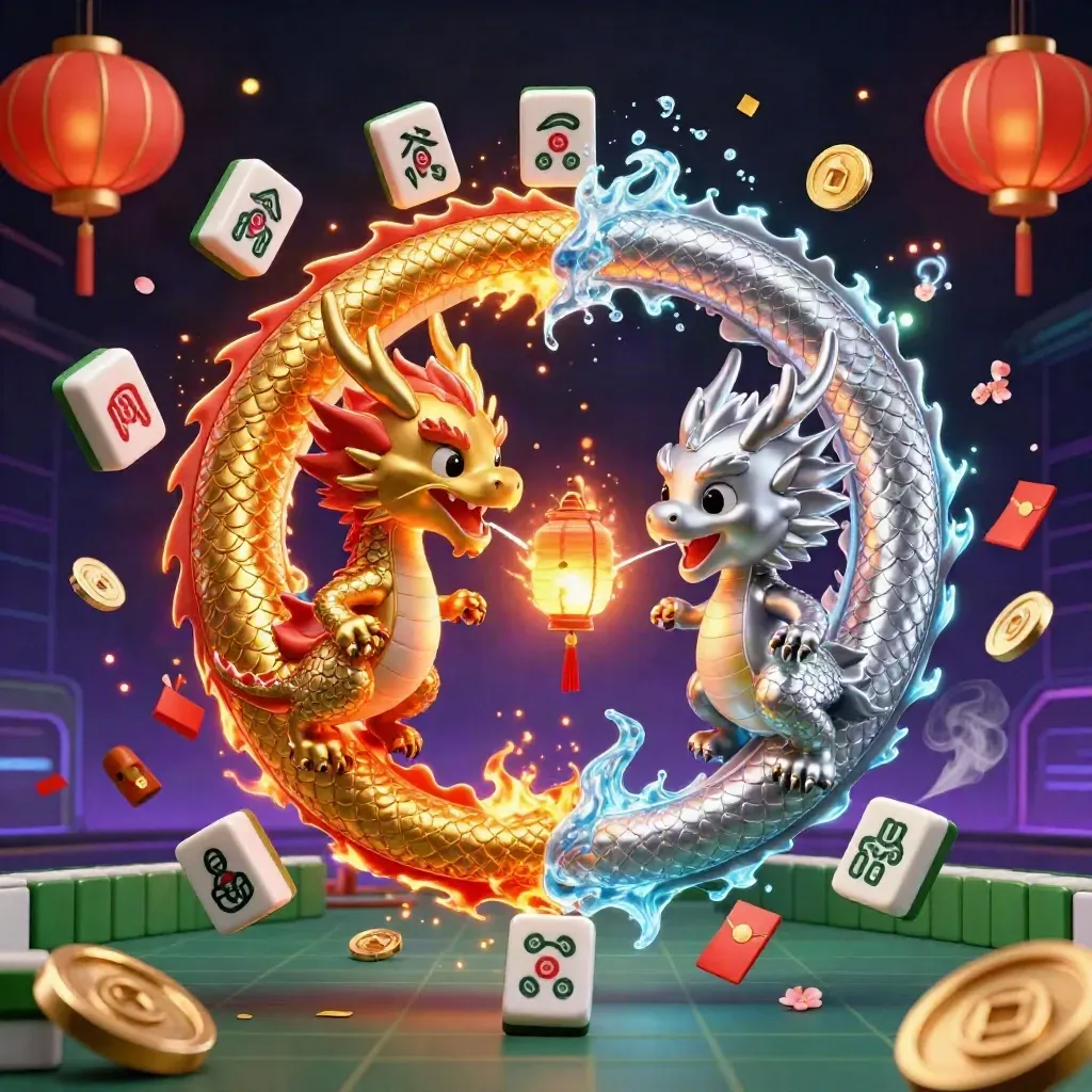 Twin gold and silver dragons in a yin-yang flight with casino tiles and neon sparks