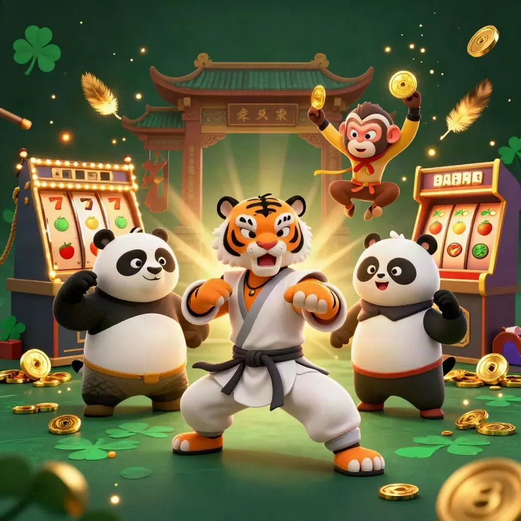 Tiger, panda, and monkey in poker-fantasy action with coins, reels, and gold light.