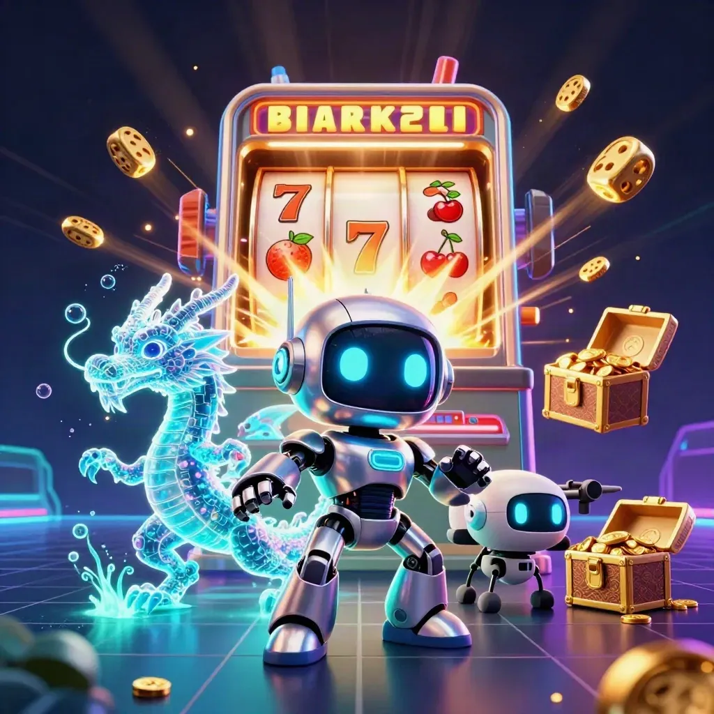 Cyberpunk robot, holographic dragon and coin drone amid a bursting jackpot slot machine.