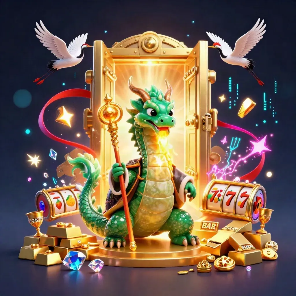 Emerald dragon, turtle sage, and cranes around a golden vault in a neon casino burst.