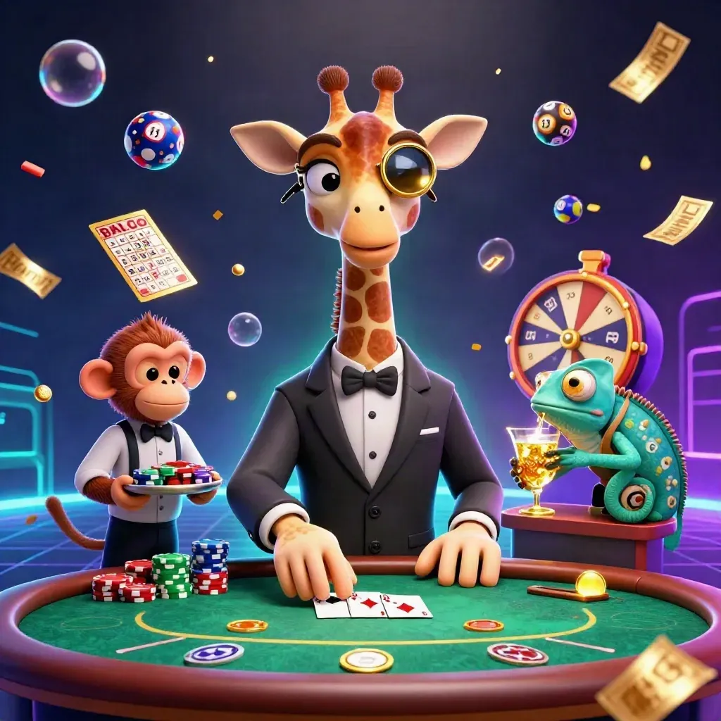 Giraffe, monkey, and chameleon at a neon poker table with chips and prize icons