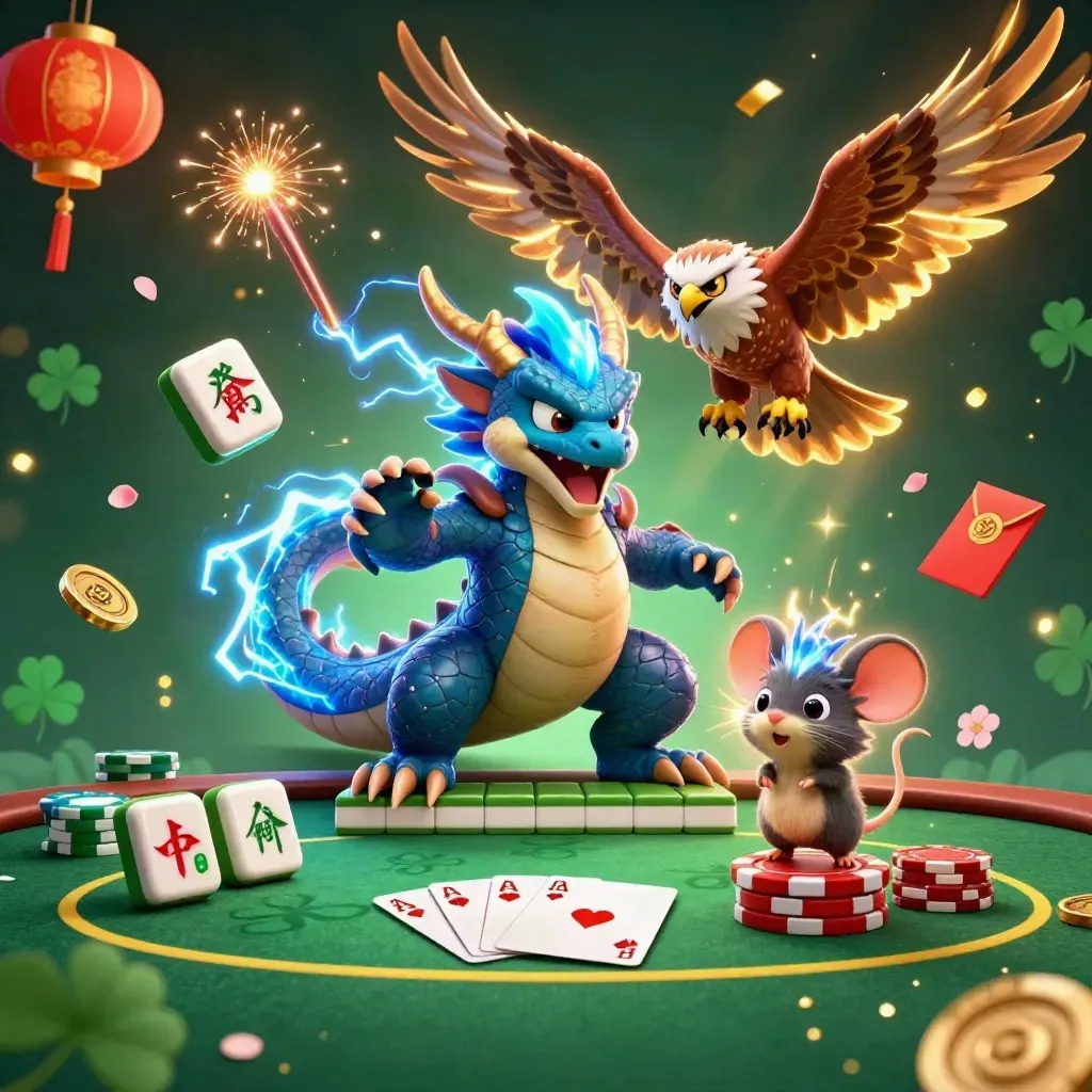Thunder dragon, winged hawk, and static mouse over a poker table with chips and glowing casino effects.
