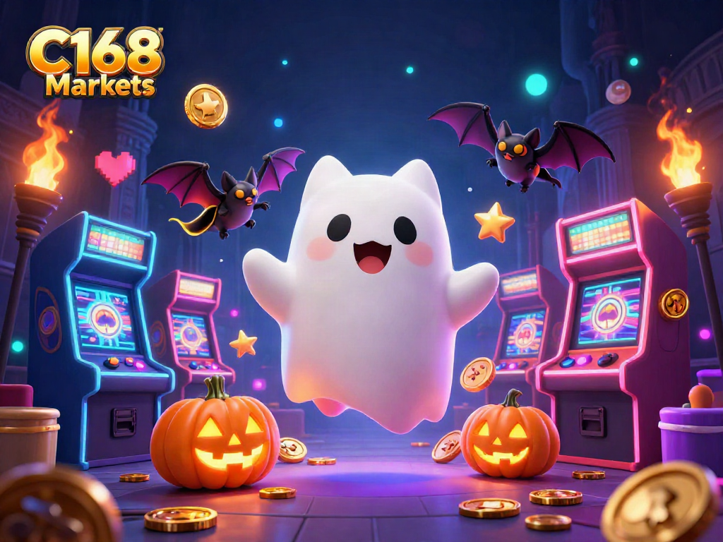 C168 Markets showcases a lively 3D illustration with a ghost cat and vampire bat in a haunted casino.
