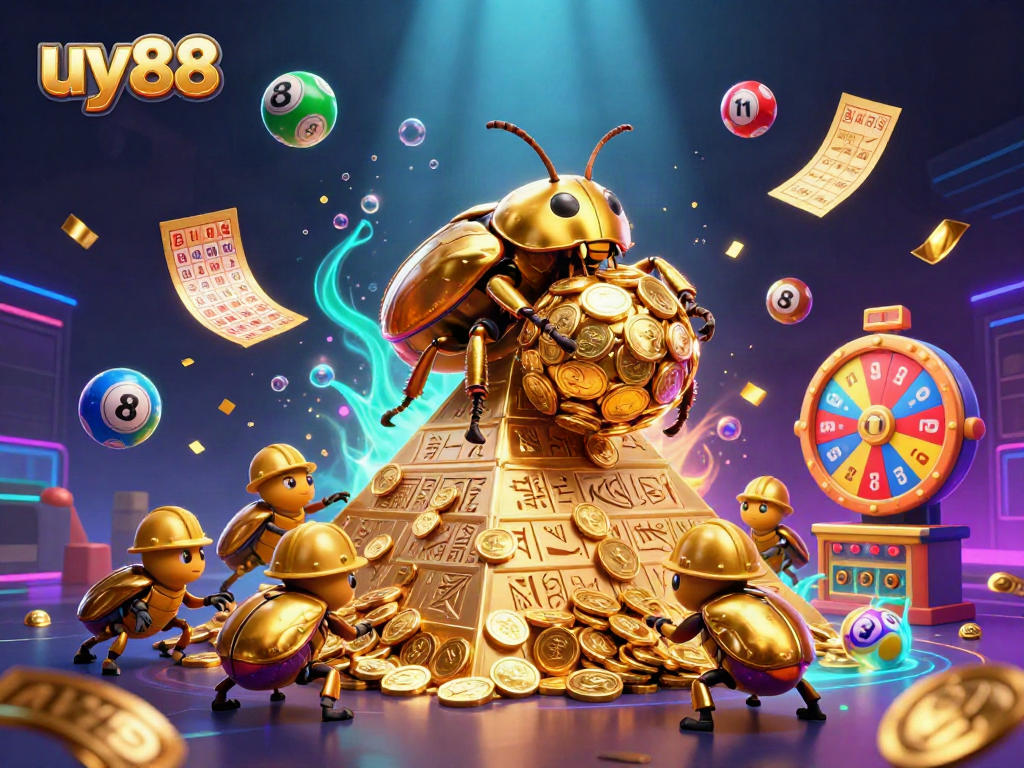 uy88 presents a joyful scene with colorful lottery elements and golden coins celebrating casino fun.