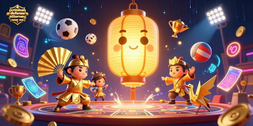 Engaging illustration depicting a vibrant night market casino, with a focus on premium gambling experiences and showcasing "criminal defense attorney near me".