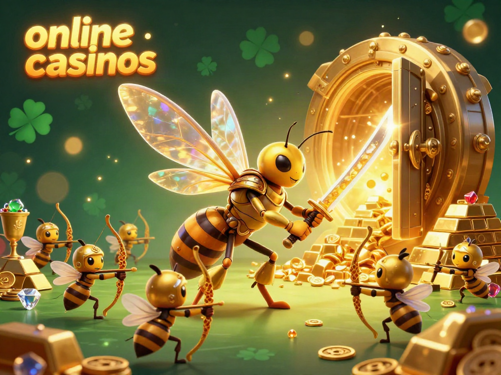Experience the excitement of online casinos featuring vibrant characters amidst gold and jewels.