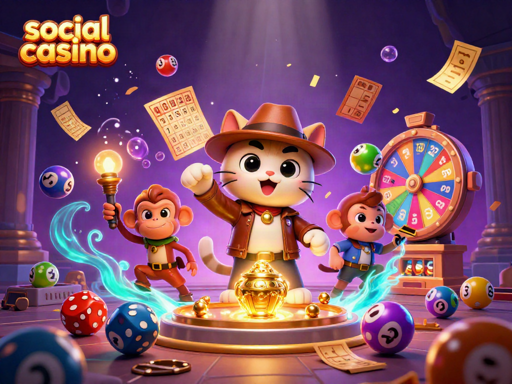 Engage with the social casino adventure of the cat archaeologist discovering artifacts among lottery elements.