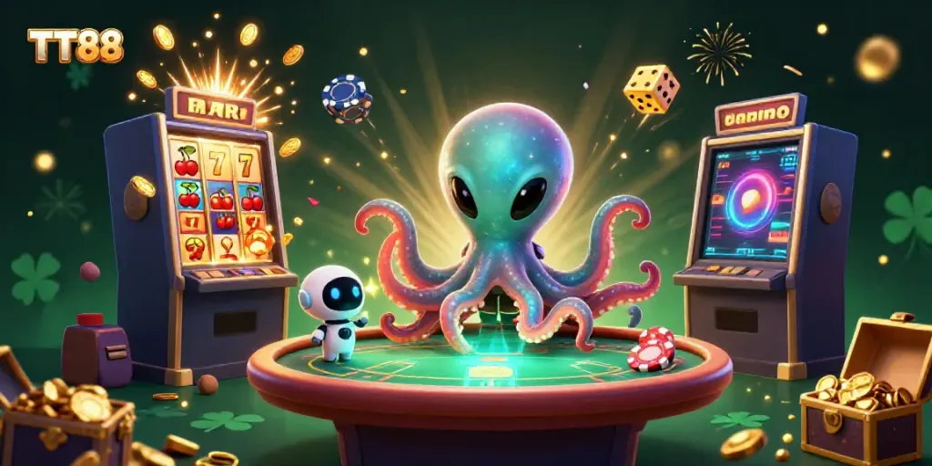 Experience the excitement of TT88 with a vibrant illustration of a holographic poker game featuring an alien octopus and dazzling casino elements.