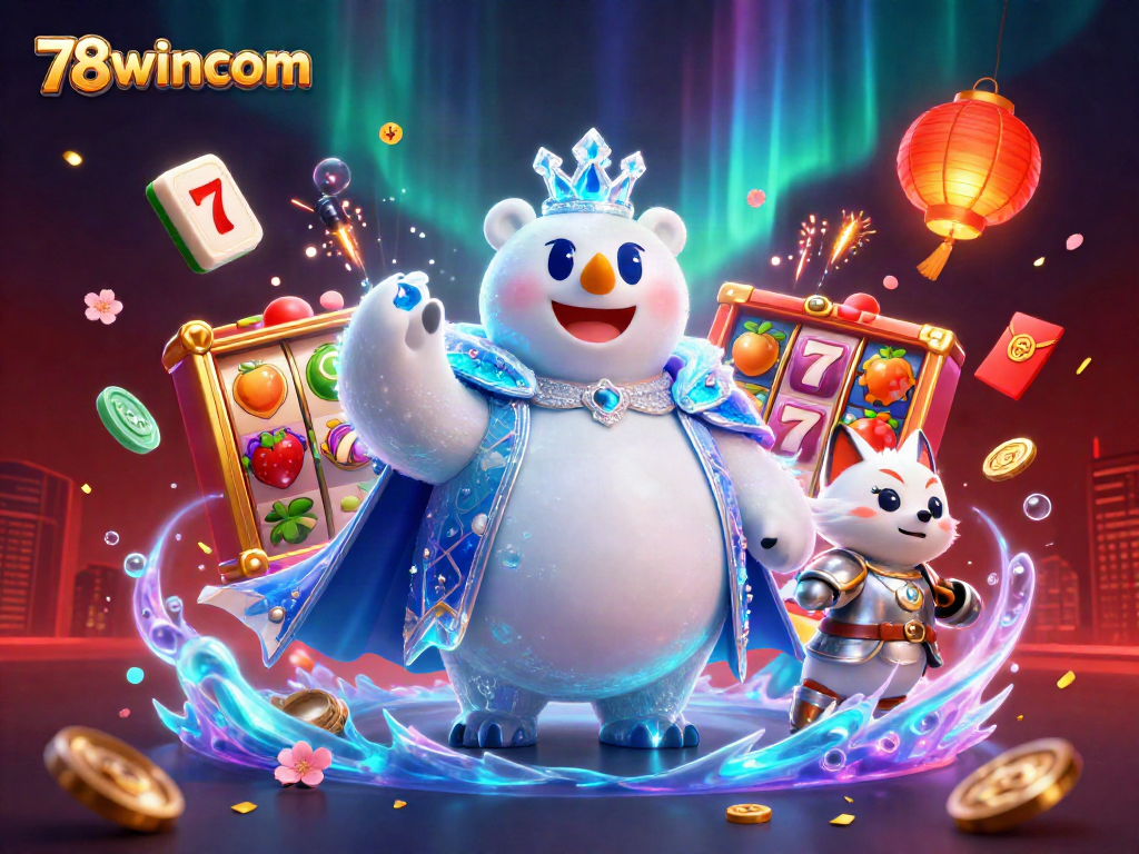 Engage with 78wincom's exciting slots featuring cartoon ice king and snow fox in dynamic casino scene.
