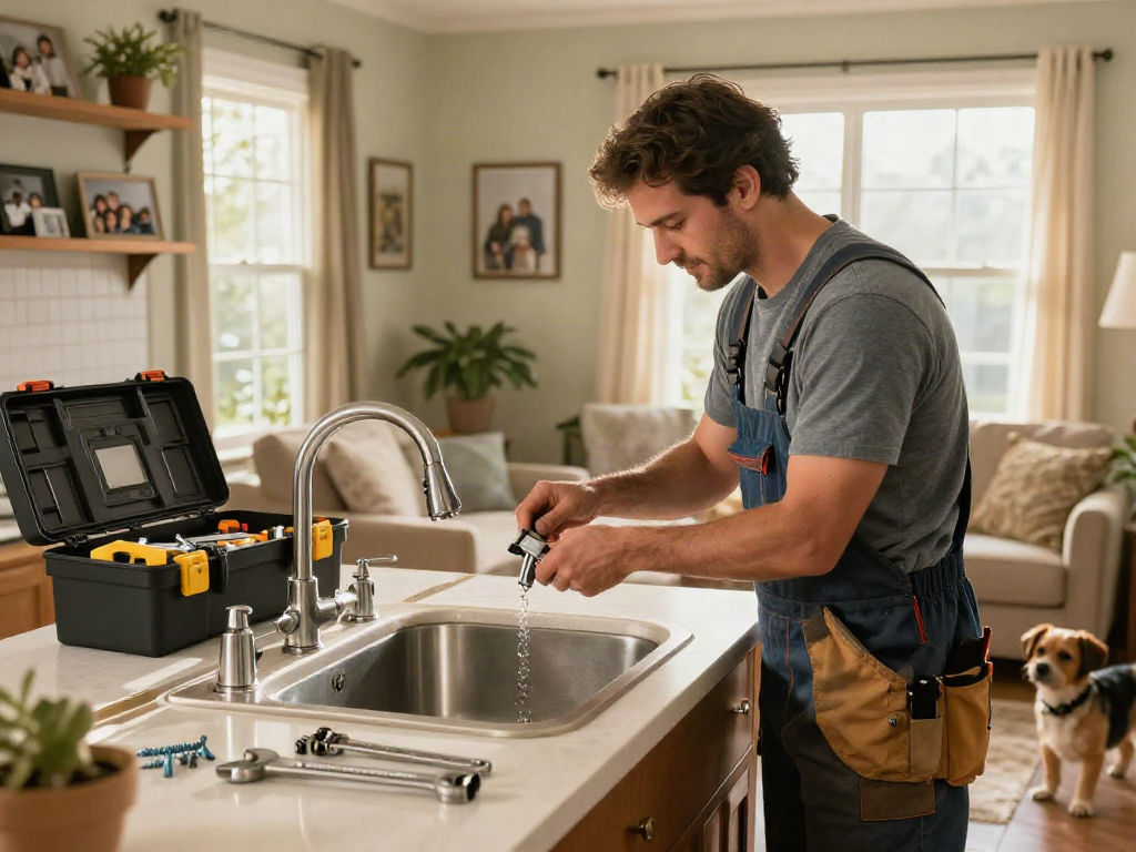 Expert home repair services Des Moines Iowa, handyman fixing faucet in bright living room.