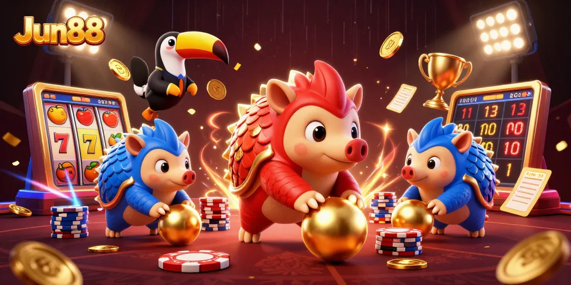 Experience Jun88's thrilling slot games featuring dynamic pangolin characters and vibrant casino elements.