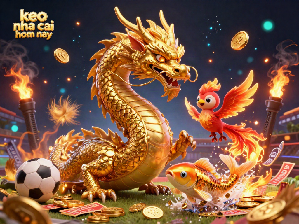 Engage in sports betting with keo nha cai hom nay, featuring a fierce golden dragon alongside a cute phoenix amidst a shower of coins.