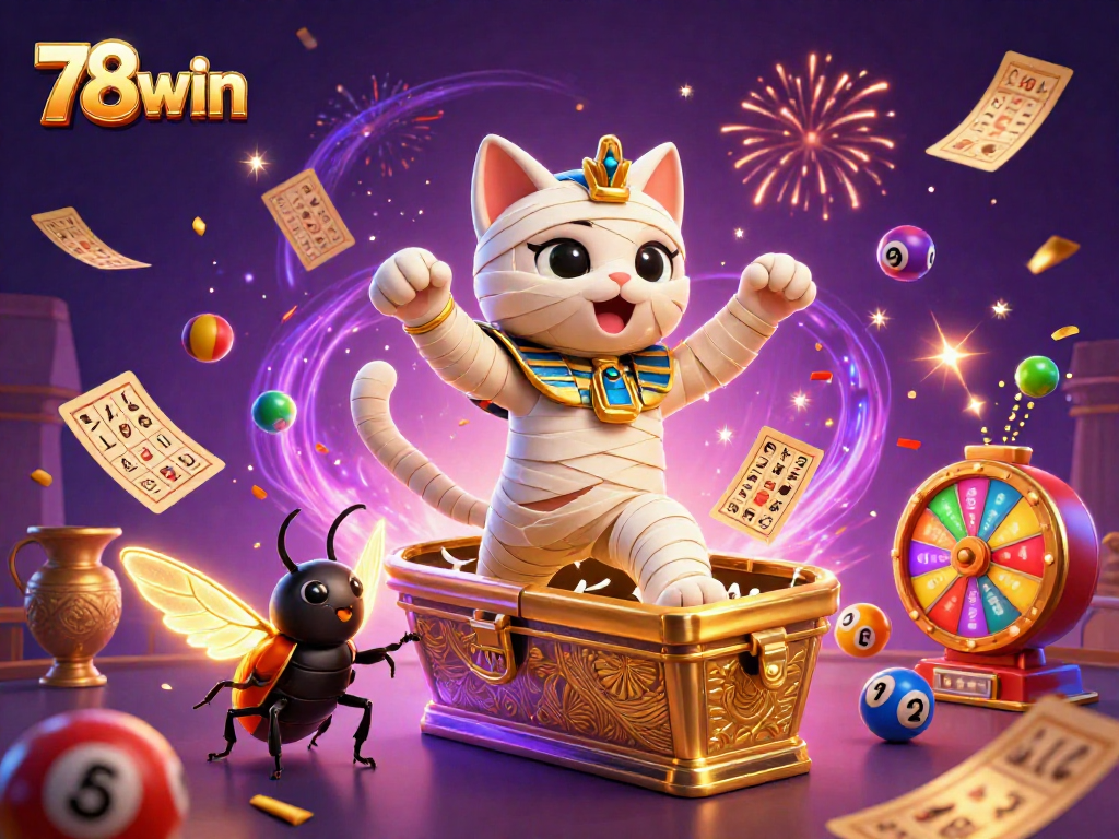 Experience the thrilling excitement of 78win with vibrant lottery balls and a mystical pyramid casino.