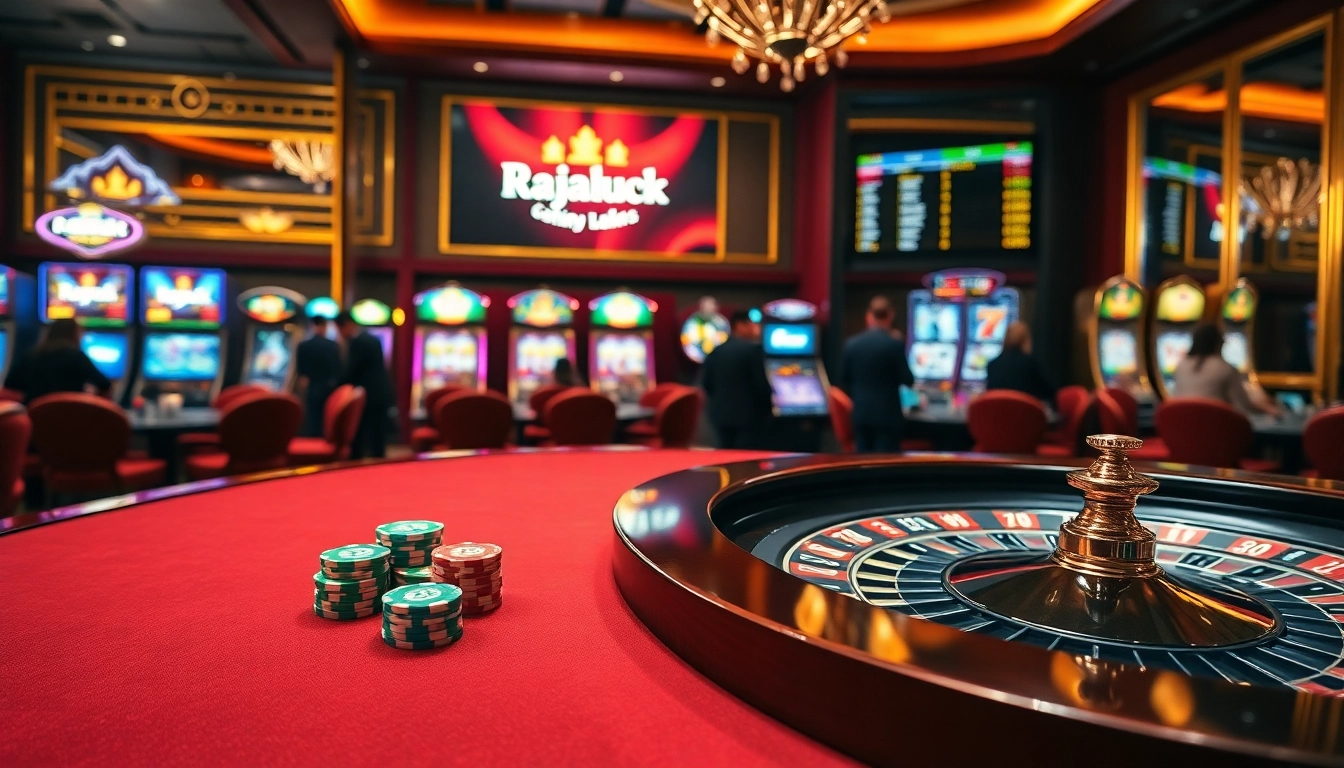 Experience the excitement of Rajaluck with vibrant casino gaming visuals featuring poker chips and slot machines.
