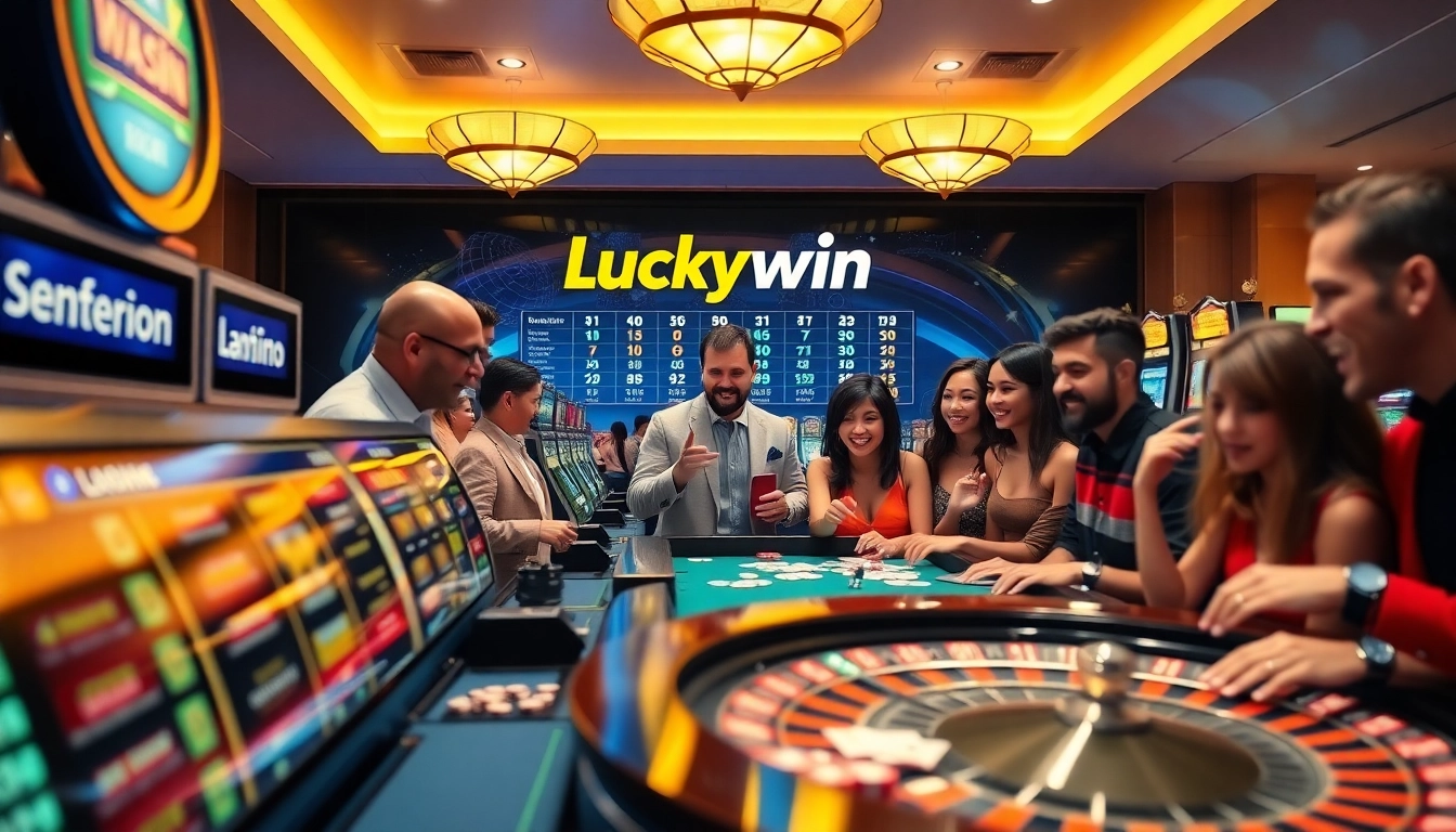 Experience thrilling gaming action at luckywin com, featuring poker chips and roulette wheels.