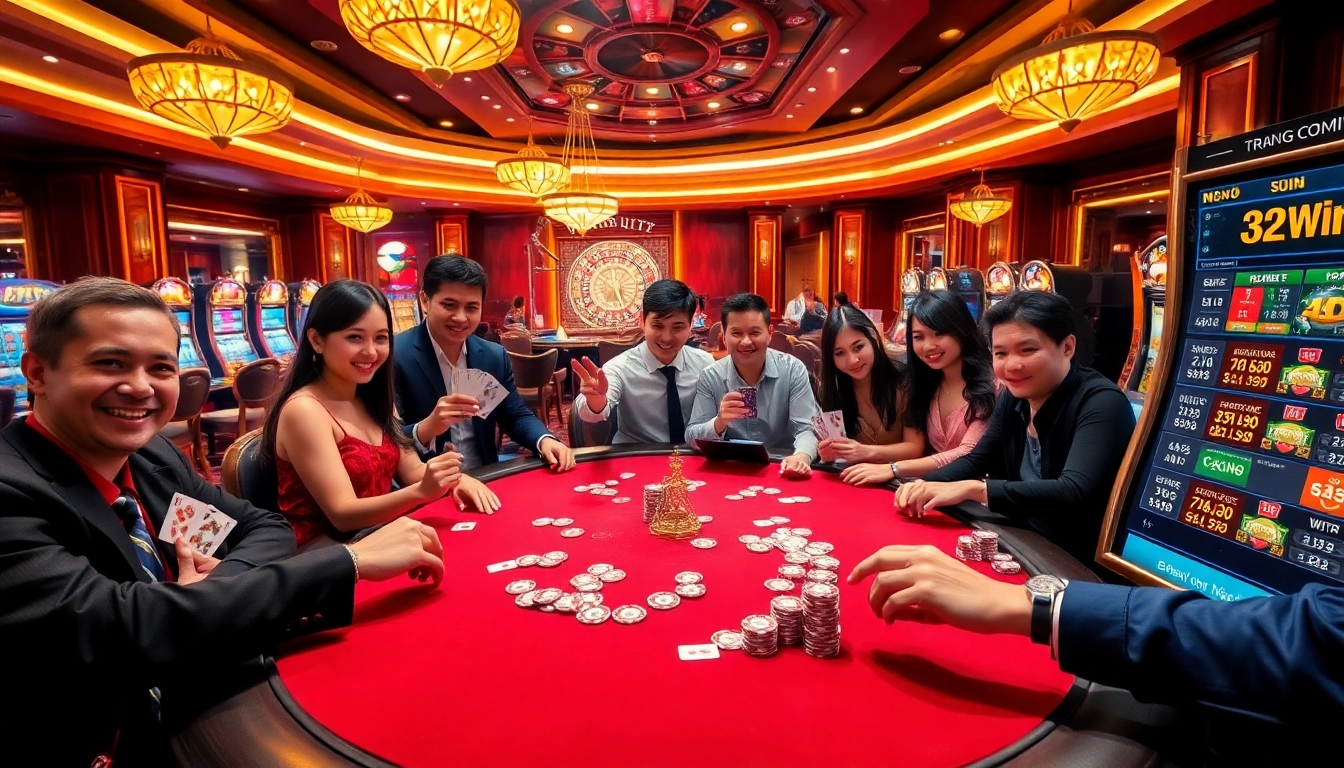 Experience the excitement of Trang chủ 32win with vibrant casino tables, lively players, and luxury gaming visuals.