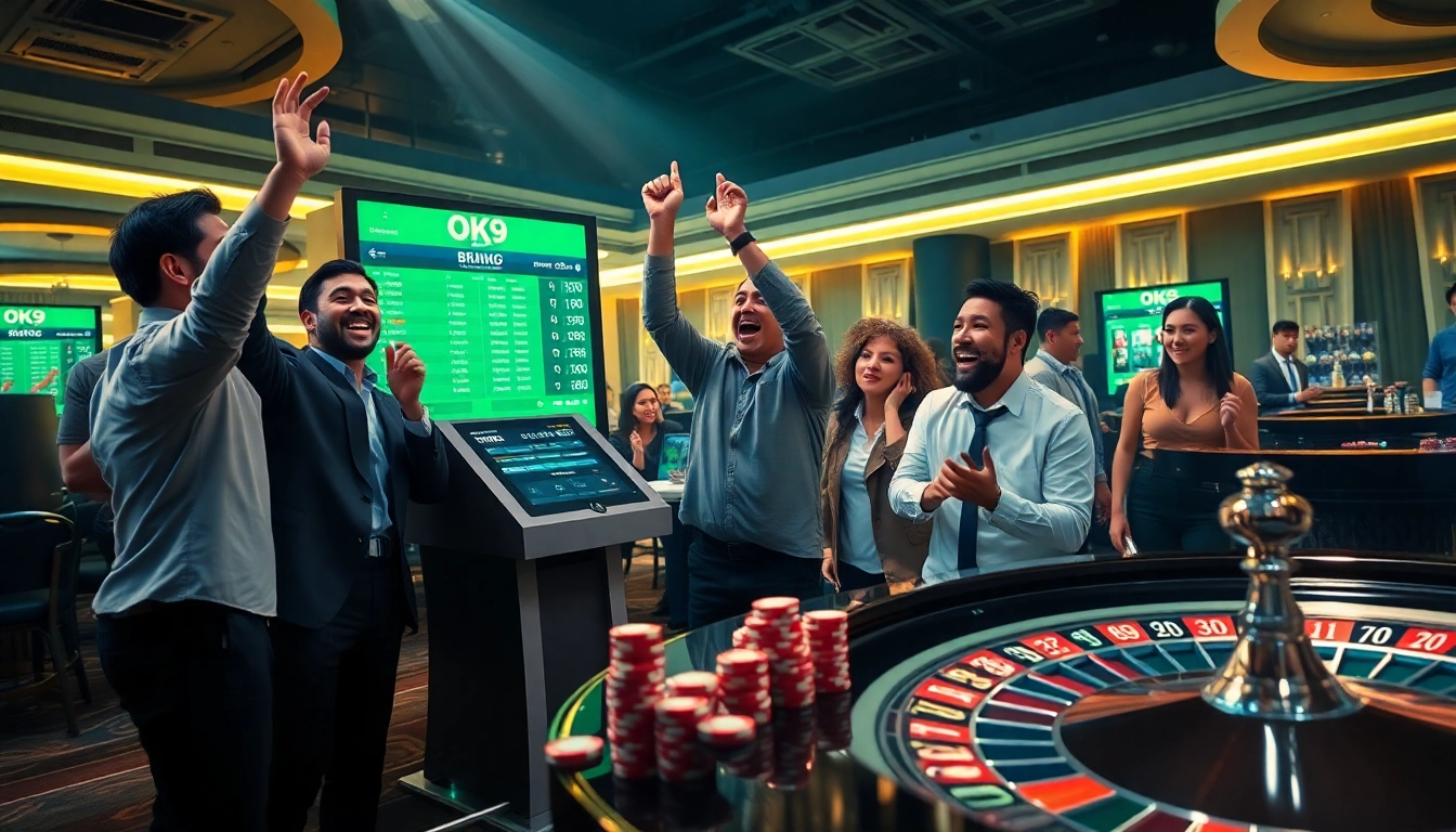 Engaging gambling scene showcasing OK9 BÓNG ĐÁ with enthusiastic bettors, vibrant colors, and exciting betting action.