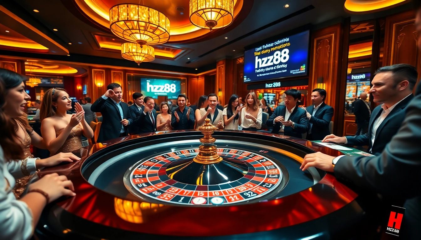 Gambling excitement at HZ88 casino with roulette and poker elements.