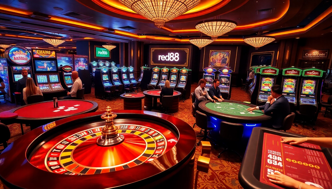Vibrant casino action featuring red88 branding with poker tables and slot machines.