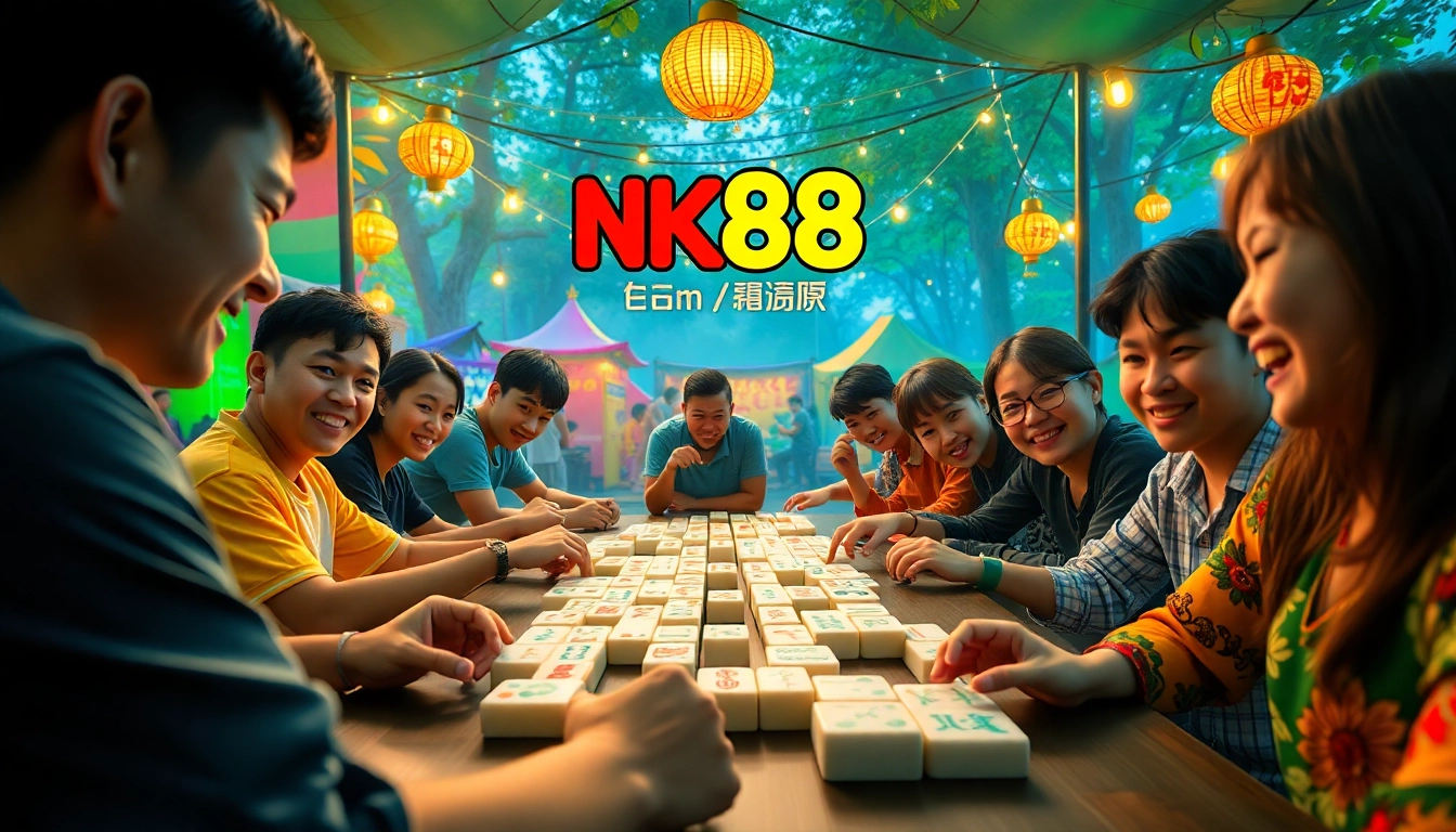 NK88 game scene with players enjoying innovative mahjong tiles in a vibrant camp setting.