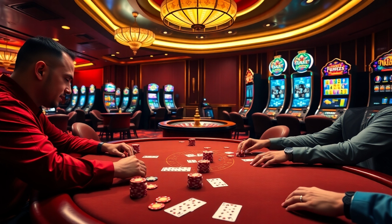 NK88 players engaging in an exciting poker game with vibrant casino elements.