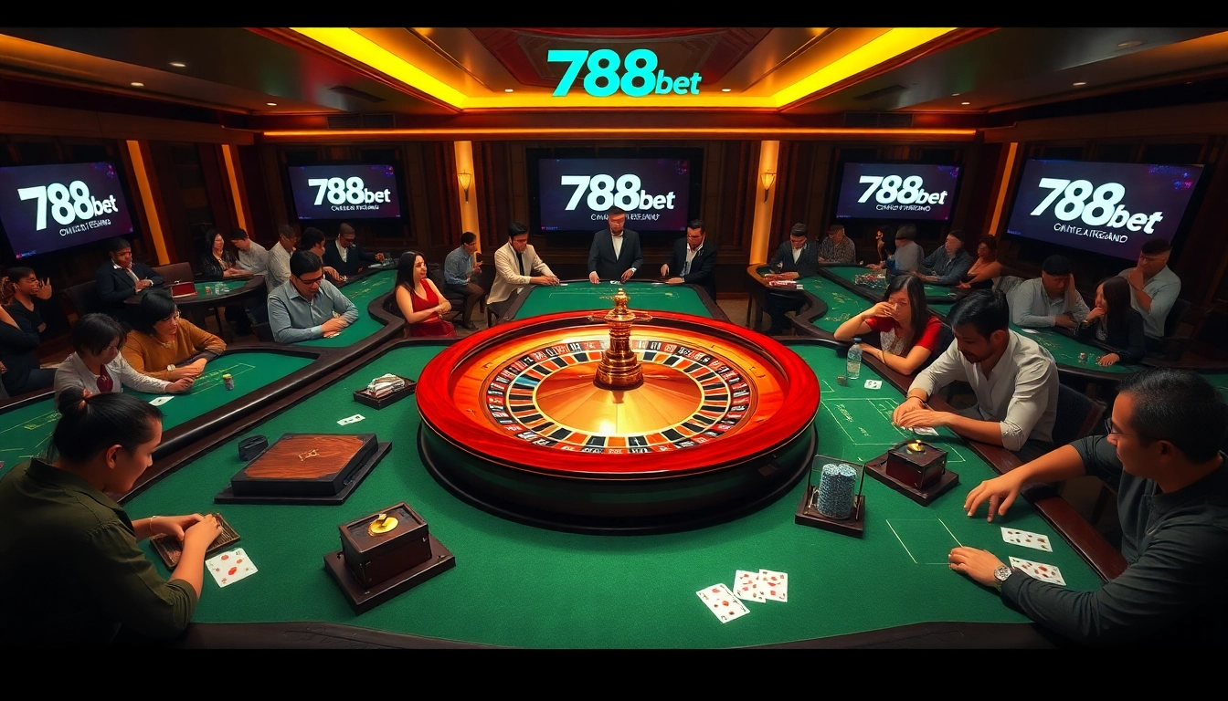 Experience the excitement of 788bet with players enjoying high-stakes roulette and poker in a luxurious casino setting.