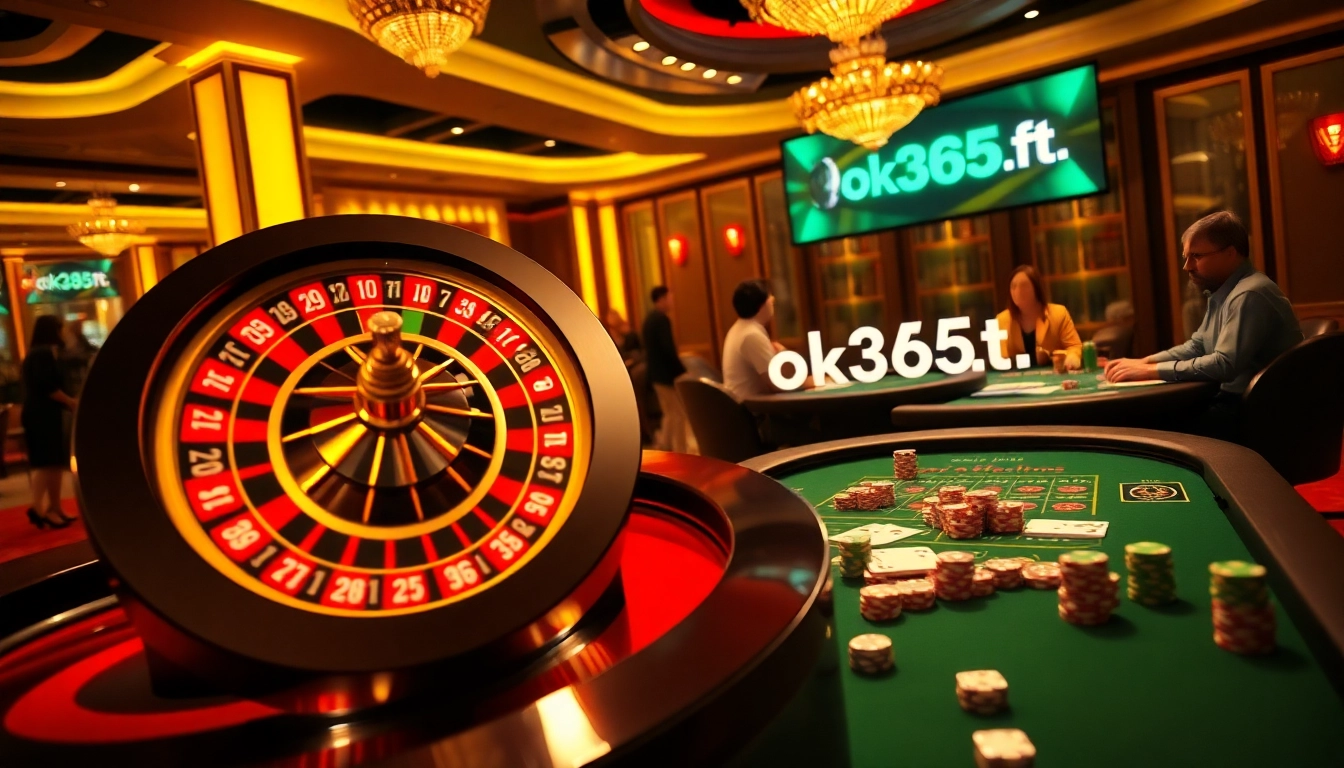 Engaging players at a vibrant casino showcasing ok365t.fit with roulette and poker elements.
