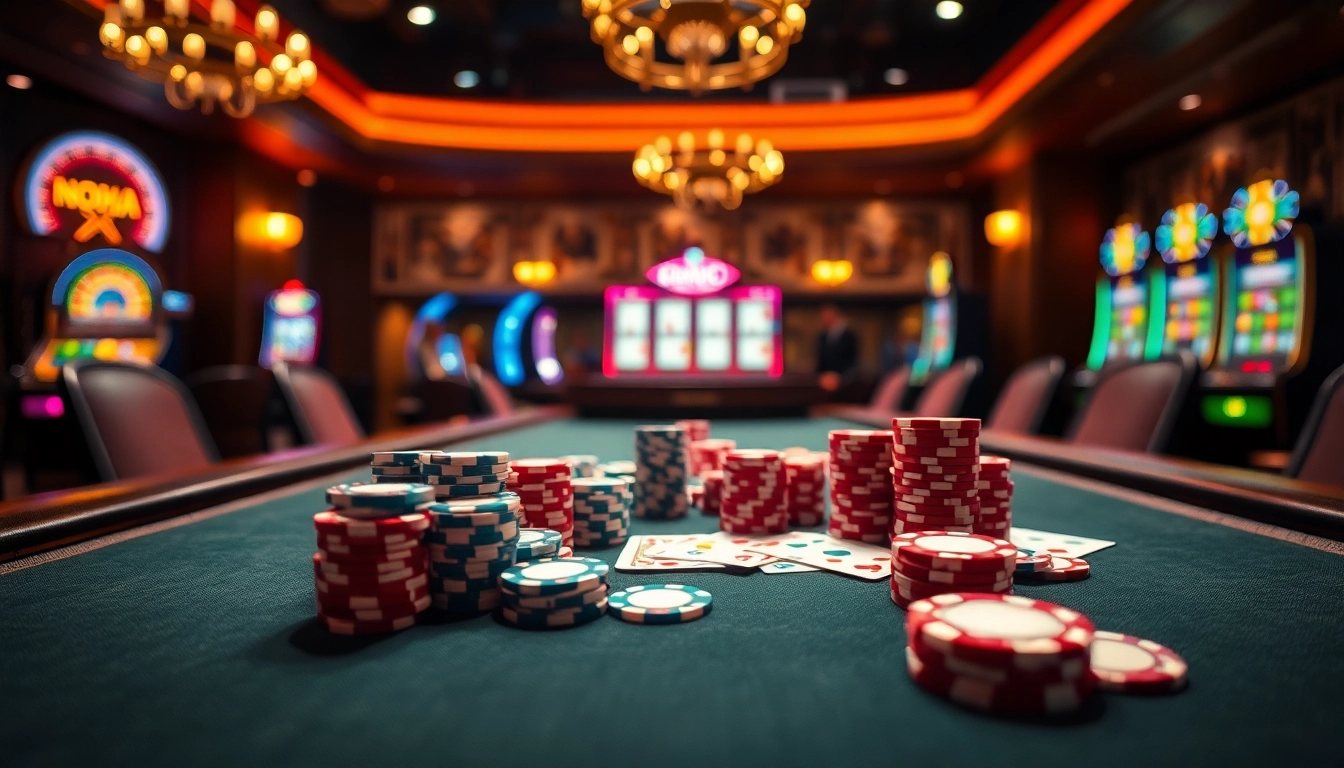 Play thrilling poker at a vibrant casino table, featuring nohu-inspired colors and luxurious ambiance.