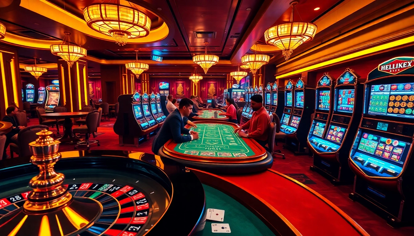A dynamic casino scene showcasing players at tables and slot machines, highlighting the excitement of https://58win4b.net/ gambling experience.