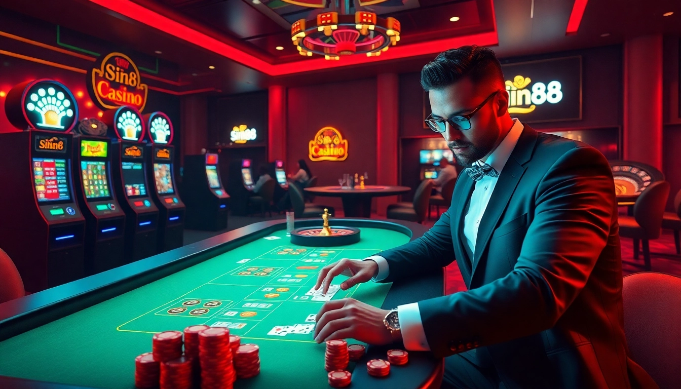 Exciting online casino scene showcasing sin88 with slot machines, poker tables, and vibrant atmosphere.