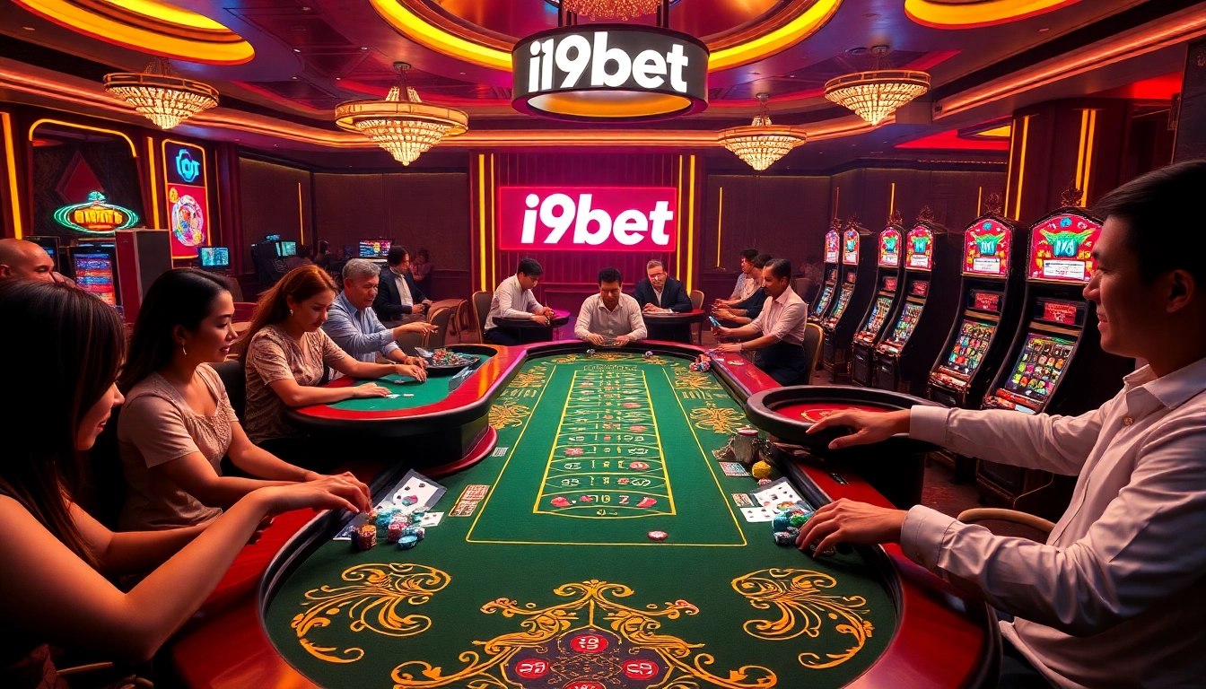 Players enjoying i9bet games at a vibrant casino table with colorful chips and dynamic atmosphere.