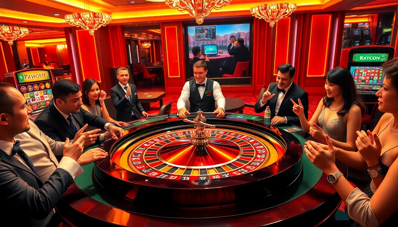 Experience the thrill of RR88 casino gaming with a vibrant roulette table and eager players.