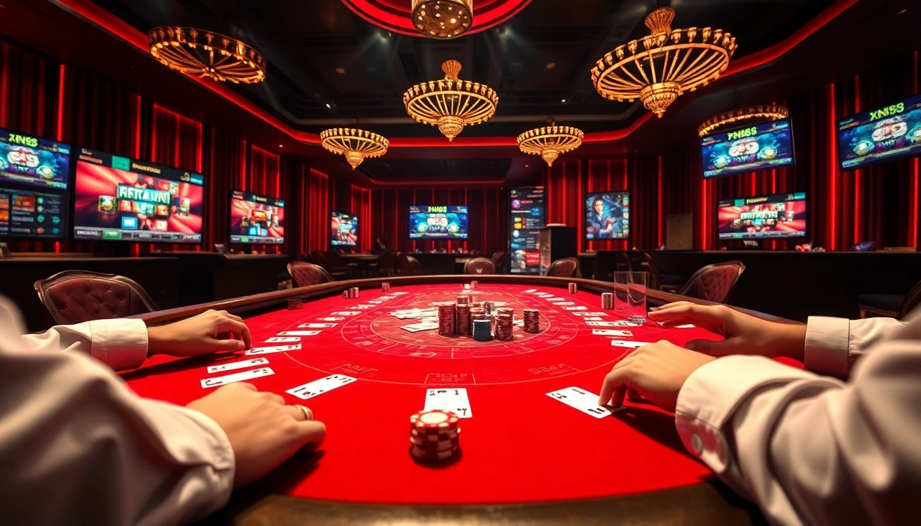 Experience the excitement of game bài xn88 at a luxurious casino table full of cards and chips.