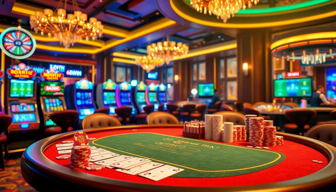 Engage in game bài 68win strategies at a vibrant casino table bustling with excitement.