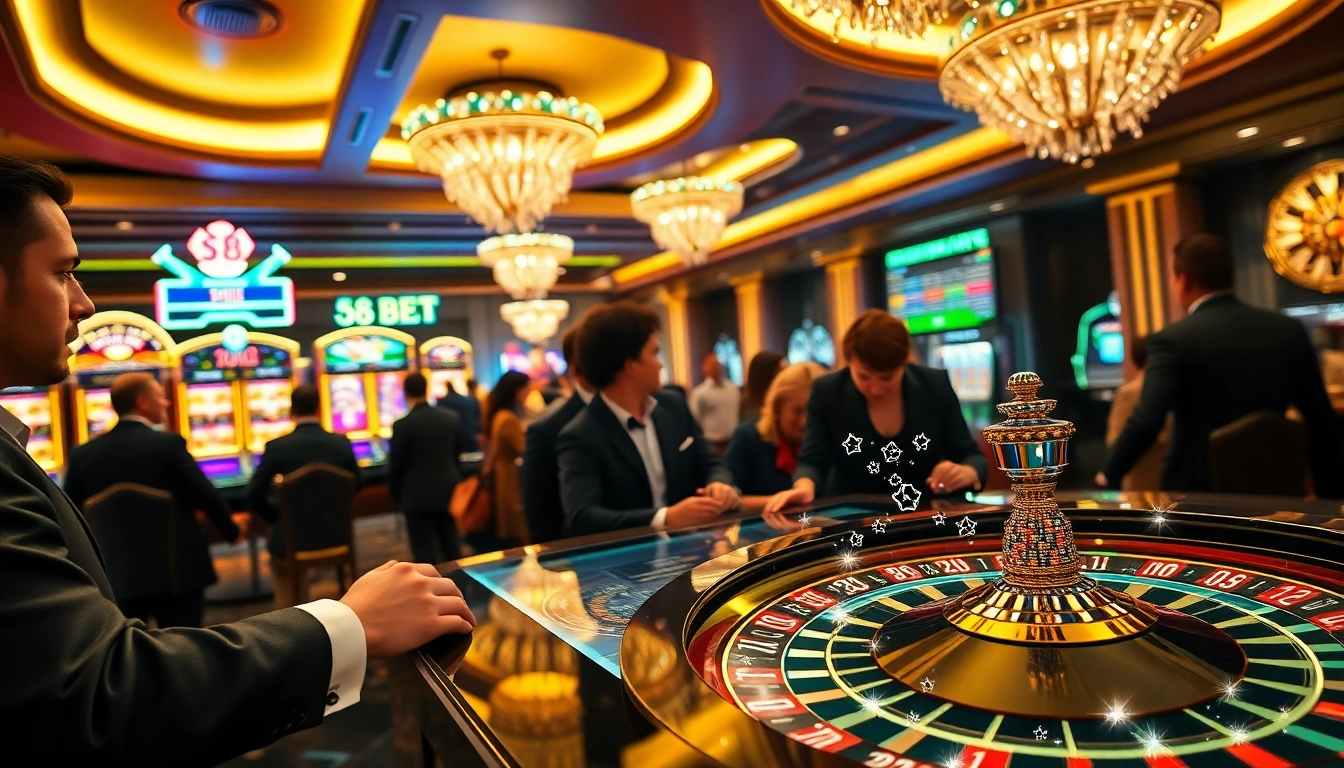 S8 Bet players enjoying a lively casino atmosphere with a digital betting interface and vibrant slot machines.