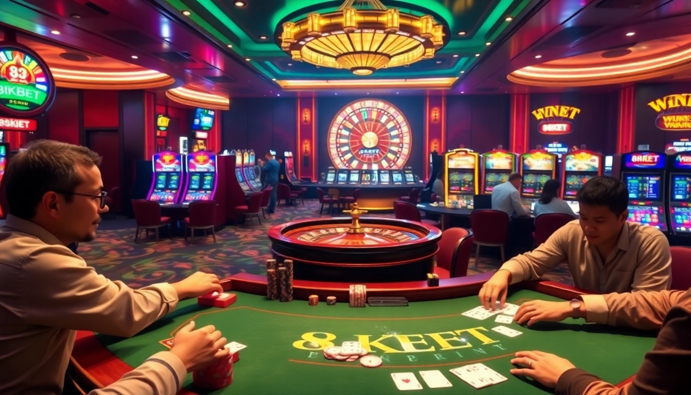 Players enjoying high-stakes poker at 8KBET casino, highlighting excitement and luxury.