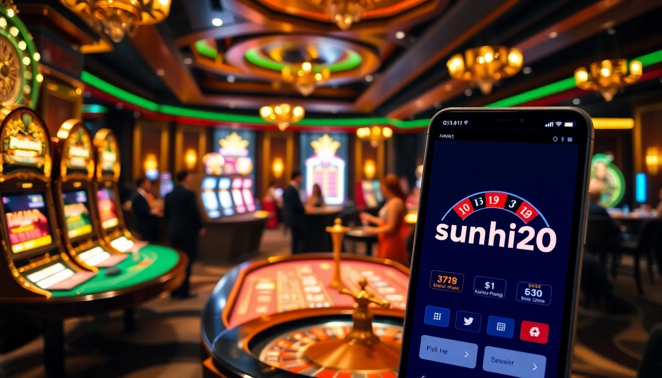 Players enjoying a thrilling gaming experience with sunwin20 on their devices amidst a vibrant casino atmosphere.